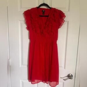 H&M Vibrant Red Midi Dress with Ruffles